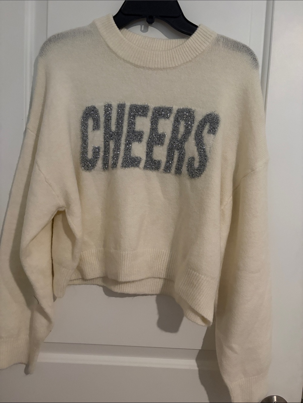 Gianni Bini Cream Crewneck Sweater with Silver Sparkle 'CHEERS' NWT $39